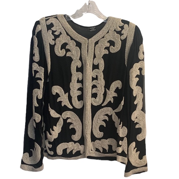 Vintage 100% Black Silk Beaded Pearl Evening Jacket Made in India Sz S - Picture 1 of 11